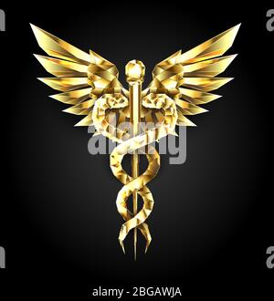 Gold polygonal Caduceus symbols on black isolated background. Low poly symbol of medicine. Stock Vector
