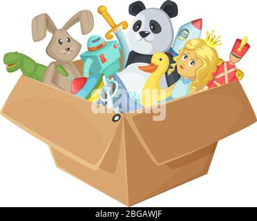 Children toys in cardboard box. Funny vector illustration isolate on white background Stock Vector