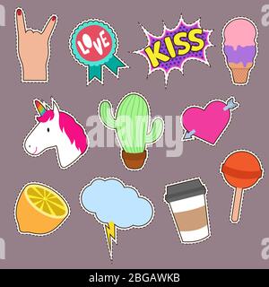 Unicorn, cactus, kiss embroidery word icons. Cute fashion girl patches vector collection. Girl cartoon patch sticker, lollipop and hand gesture, lemon and cactus illustration Stock Vector