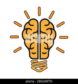 Vector icon of the brain in the form of a lamp. Icon of a bright idea. Flat design isolated on white background Stock Vector