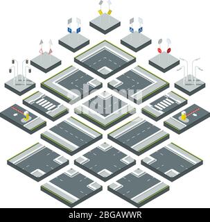 Isometric city roads, different signs on the highway. Stop or warning sign and traffic light isolate on white background Stock Vector