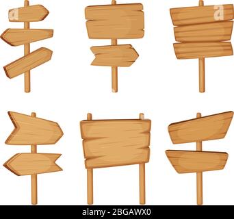 Signboard with wood texture. Vector set of Wooden arrows and empty road direction signs Stock Vector