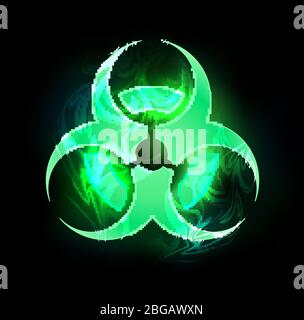 Biohazard green symbol on black glowing background. Stock Vector