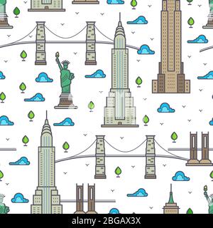 New York bridges, skyscrapers and sights seamless pattern. Vector illustration Stock Vector