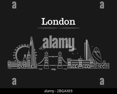 White linear London city skyline with famous buildings, tourism england landmarks on black bakground. Vector illustration Stock Vector