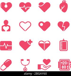 Heart diagnosis and cardiac treatment vector icons. Cardiology red silhouette pictograms. Medicine diagnosis health, cardiology sign collection illustration Stock Vector