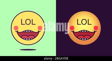 Emoji face icon with phrase Lol. Laughing emoticon with text Lol. Set of cartoon faces, emotion icon for social media communication, cheerful sticker Stock Vector