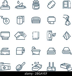 Clean hands and antiseptic napkins vector line icons. Sanitary and hygiene symbols. Paper hand for hygiene, napkin clean for toilet illustration Stock Vector