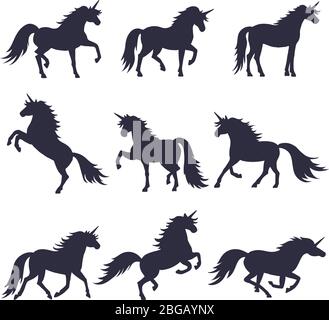 Mythology illustrations set of unicorns silhouette in different poses. Vector pictures of medieval black horses Stock Vector