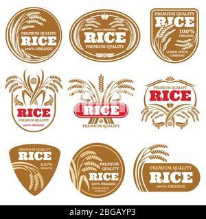 Paddy grain organic rice labels. Healthy food vector logos isolated. Illustration of rice label food collection Stock Vector