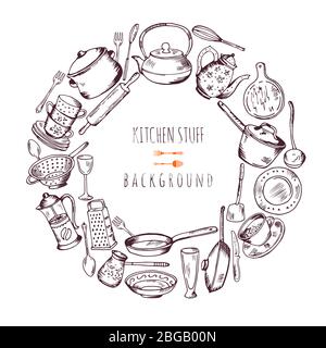 Hand drawn cooking icons in circle shape. Vector line illustration Stock Vector