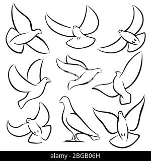 Outline flying doves, white birds and pigeons vector logos. Holy spirit, easter, love and peace design elements. Dove sketch, bird pigeon freedom and love illustration Stock Vector