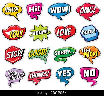 Web chat vector stickers templates. Internet words speech bubbles isolated. Illustration of bubble with word chat hello, love, yes and no Stock Vector