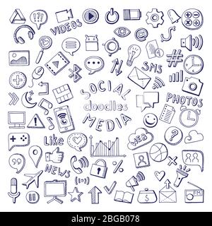 Social media hand drawn icons set. Computer and network doodle vector illustrations Stock Vector