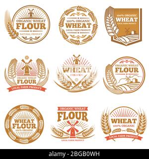 Organic wheat flour, farming grain products vector labels and logos. Flour badge market illustration Stock Vector