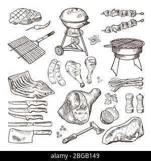 Bbq vector hand drawn illustration set. Grilled meat and other accessories for barbecue party Stock Vector