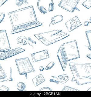 Different computer devices in hand drawn style. Vector seamless pattern Stock Vector