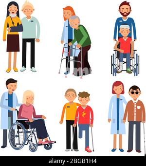 Disabled people group or hospital patients and helping man. Vector illustrations isolate on white background Stock Vector