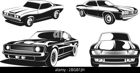 Monochrome illustration set of retro muscle cars. Black vector Stock Vector