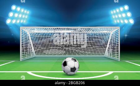 Soccer football championship vector background with sports ball and goals. Penalty kick concept. Gate soccer and ball on stadium illustration Stock Vector