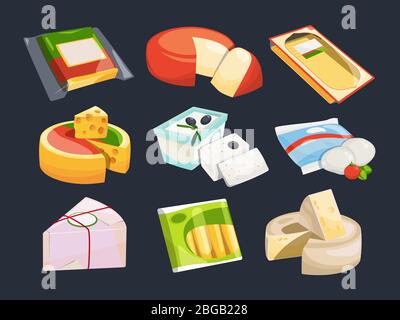 Different packaging of cheeses. Vector illustration set Stock Vector