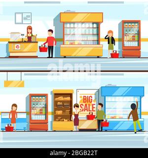 Vector concept illustration of shopping. Peoples in supermarket interior. Shop counter and different products. Checkout line Stock Vector