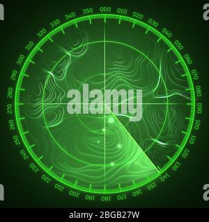Radar system screen in green color tones. 3D illustration Stock Photo ...