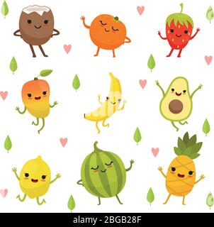 Funny emotion on cartoon fruits and vegetables. Vector illustration set Stock Vector