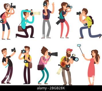 Funny professional photographer with camera taking photo in different poses vector cartoon characters set. Photographer character with camera illustration Stock Vector