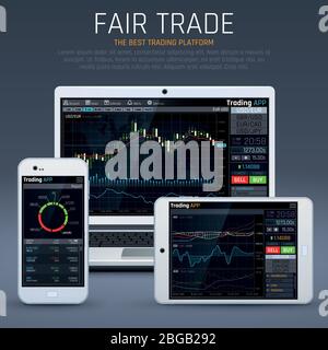 Laptop and smartphone with business market app. Financial charts and exchange currency vector concept. Illustration of business data chart exchange, financial stock on laptop Stock Vector