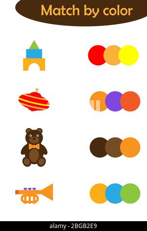 Matching game for children, connect toys with same color palette, preschool worksheet activity for kids, task for the development of logical thinking, Stock Vector