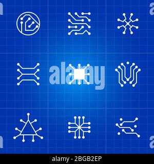 White electronic computer chip circuit and motherboard equipment vector icons. Vector illustration Stock Vector