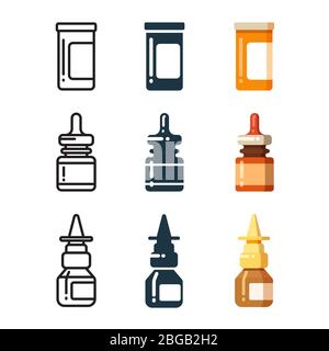 Medicine bottles and box for pills line, silhouette and bright icos set. Vector illustration Stock Vector