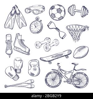 Vector doodle set of sport equipment. Hand drawn illustrations isolate on white background Stock Vector