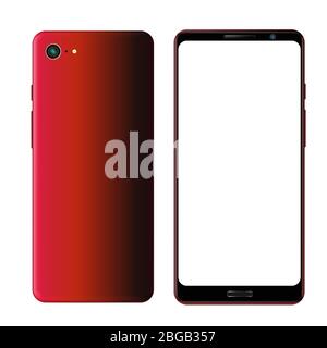 Realistic modern red smartphone isolated mockup front and back sides. Mobile phone blank screen, white screen. Device UI UX mockup for presentation Stock Vector