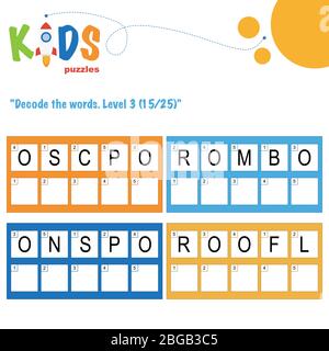 Decode the 5-letter words. Worksheet practice for preschool, elementary and middle school kids. Fun logic puzzle activity sheet. Stock Vector