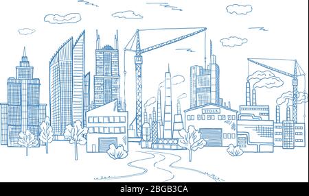 Big city landscape with different buildings. Vector hand drawn illustrations Stock Vector