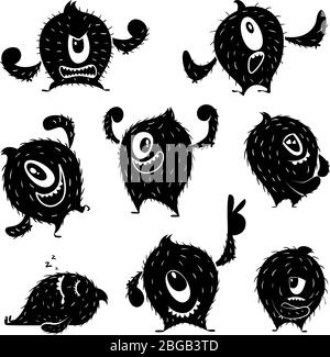 Character of funny monster in different action poses. Devil cute smile. Monochrome illustrations Stock Vector