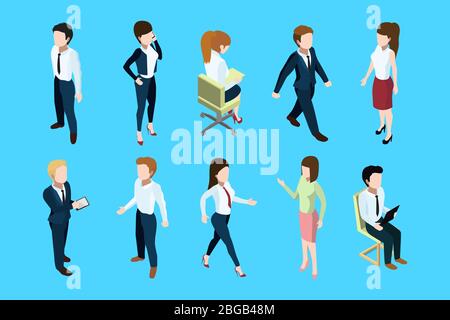 Different business peoples standing and sitting in office interior. 3d vector isometric illustration Stock Vector