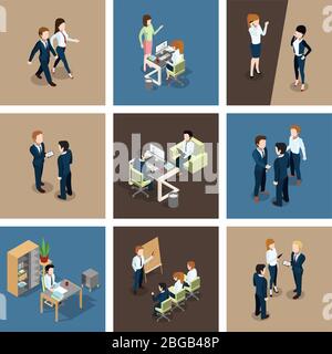 Different business situations in office. Businessman working with his team. Secretary at the table. Vector isometric illustrations set Stock Vector