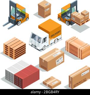Isometric industry machine for lading, freight and different boxes and pallets. Logistic illustrations Stock Vector