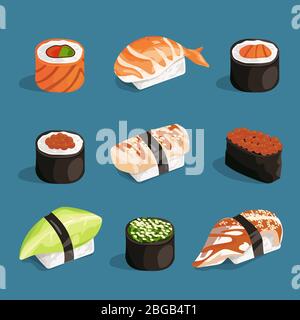 Set of classical asian food. White rice, sushi, salmon nori and different rolls. Vector pictures in cartoon style Stock Vector
