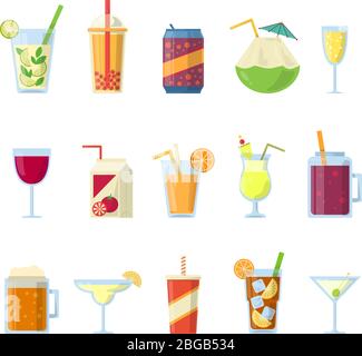 Different drinks in bottles and glasses. Vector set isolate on white Stock Vector