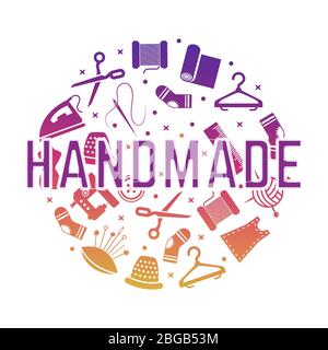 Colorful handmade banner design with sewing, needlework icons. Vector illustration Stock Vector