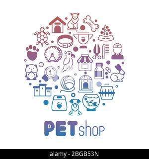 Bright pet store or shop round banner isolated on white background. Vector illustration Stock Vector