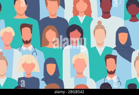 Doctors, nurses, healthcare workers, medical staff. Health care, medicine concept. Background, wallpaper. Endless texture. Modern vector seamless Stock Vector