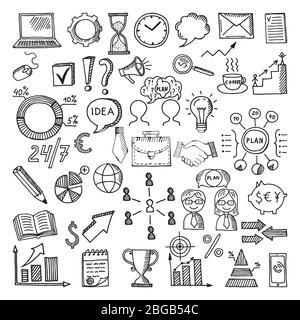 Hand drawn business icon set. Vector doodles illustrations isolate on white background Stock Vector