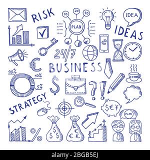 Sketches illustrations at business theme. Creative doodle vector icon set Stock Vector