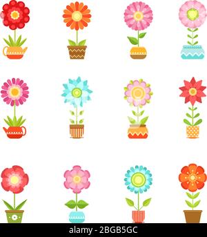 Vector flowers in different pots. Floral set isolate on white background Stock Vector