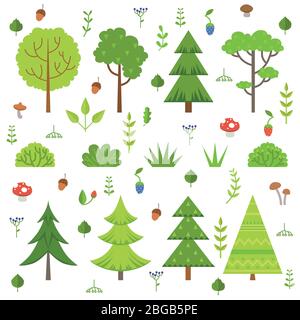 Different forest plants, trees mushrooms and other floral elements. Cartoon vector illustration isolate on white Stock Vector